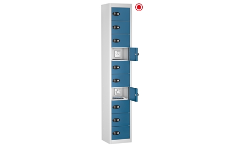 10 Door - Tablet Charging locker - FLAT TOP - White Body / Blue Doors - H1780 x W305 x D370 mm - CAM Lock