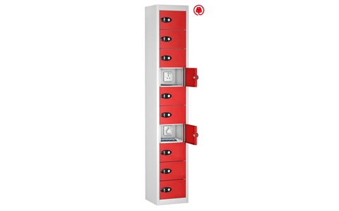 10 Door - Tablet Charging locker - FLAT TOP - White Body / Red Doors - H1780 x W305 x D370 mm - CAM Lock