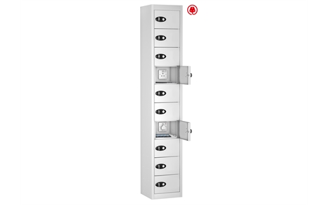 10 Door - Tablet Charging locker - FLAT TOP - White Body / White Doors - H1780 x W305 x D370 mm - CAM Lock