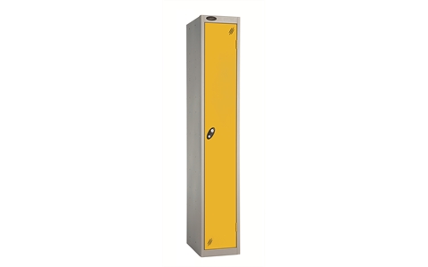 1 Door - Full height steel locker - FLAT TOP - Silver Grey Body / Yellow Doors - H1780 x W305 x D460 mm - CAM Lock