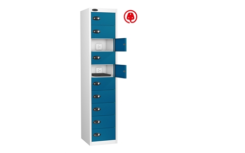 10 Door - Media Charging locker - FLAT TOP - White Body / Blue Doors - H1780 x W380 x D525 mm - CAM Lock