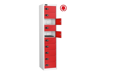 10 Door - Media Charging locker - FLAT TOP - White Body / Red Doors - H1780 x W380 x D525 mm - CAM Lock