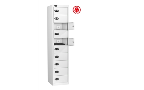 10 Door -  Media Charging locker - FLAT TOP - White Body / White Doors - H1780 x W380 x D525 mm - CAM Lock