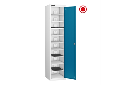 1 Door - 10 Shelf Media Charging locker - FLAT TOP - White Body / Blue Doors - H1780 x W380 x D525 mm - CAM Lock