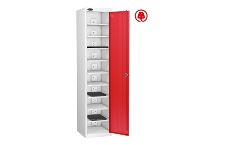 1 Door - 10 Shelf Media Charging locker - FLAT TOP - White Body / Red Doors - H1780 x W380 x D525 mm - CAM Lock