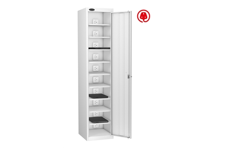 1 Door - 10 Shelf Media Charging locker - FLAT TOP - White Body / White Doors - H1780 x W380 x D525 mm - CAM Lock