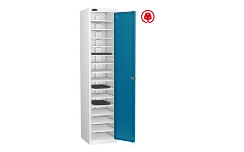 1 Door - 15 Shelf Media Charging locker - FLAT TOP - White Body / Blue Doors - H1780 x W380 x D525 mm - CAM Lock