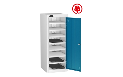 1 Door - 8 Shelf Media Charging low locker - FLAT TOP - White Body / Blue Doors - H1000 x W380 x D525 mm - CAM Lock