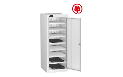 1 Door - 8 Shelf Media Charging low locker - FLAT TOP - White Body / White Doors - H1000x W380 x D525 mm - CAM Lock