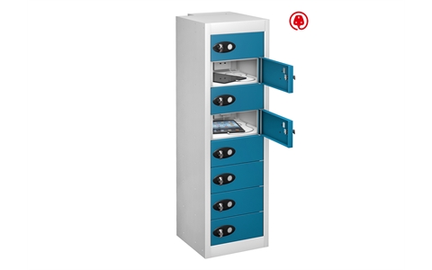 8 Door - Tablet Charging low locker - FLAT TOP - White Body / Blue Doors - H1000 x W305 x D370 mm - CAM Lock