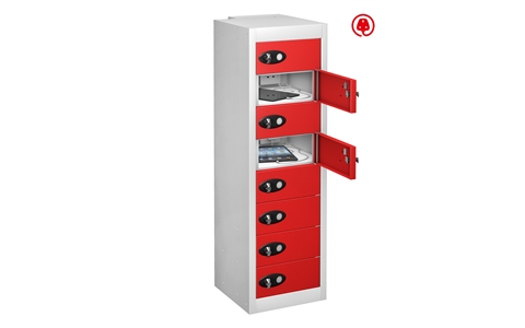 8 Door - Tablet Charging low locker - FLAT TOP - White Body / Red Doors - H1000 x W305 x D370 mm - CAM Lock