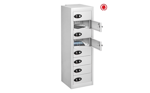 8 Door - Tablet Charging low locker - FLAT TOP - White Body / White Doors - H1000x W305 x D370 mm - CAM Lock