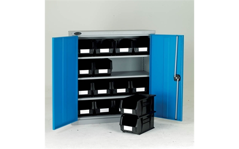 Half Height Steel Cabinet with Blue Linbins - H1015mm x W915mm x D460mm - Blue Doors - 3 Shelves - with 16 x size 7 Linbins