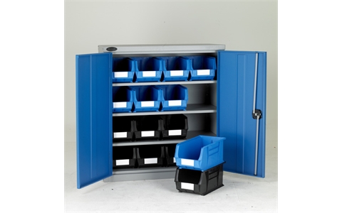 Half Height Steel Cabinet with Black/Blue Linbins - H1015mm x W915mm x D460mm - Blue Doors - 3 Shelves - with 16 x size 7 Linbins