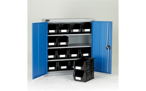 Half Height Steel Cabinet with Black Linbins - H1015mm x W915mm x D460mm - Blue Doors - 3 Shelves - with 16 x size 7 Linbins