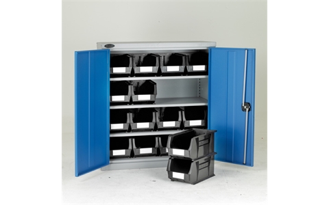 Half Height Steel Cabinet with Grey Linbins - H1015mm x W915mm x D460mm - Blue Doors - 3 Shelves - with 16 x size 7 Linbins