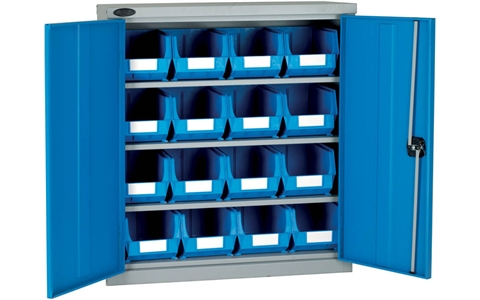 Half Height Steel Cabinet with Blue Linbins - H1015mm x W915mm x D460mm - Blue Doors - 3 Shelves - with 8 x size 7 and 4 x size 8 Linbins
