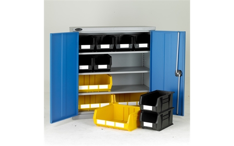 Half Height Steel Cabinet with Black/Yellow - H1015mm x W915mm x D460mm - Blue Doors - 3 Shelves - with 8 x size 7 and 4 x size 8 Linbins