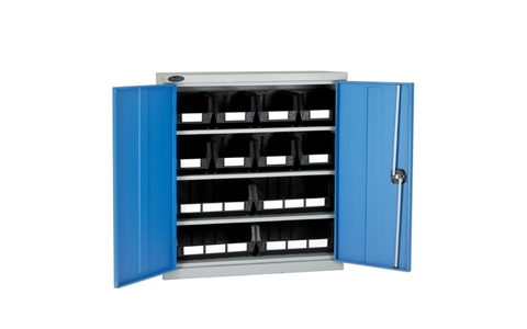 Half Height Steel Cabinet with Black Linbins - H1015mm x W915mm x D460mm - Blue Doors - 3 Shelves - with 8 x size 7 and 4 x size 8 Linbins