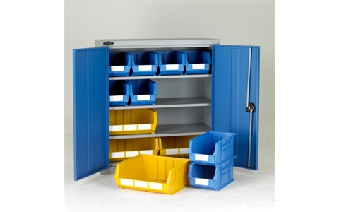 Half Height Steel Cabinet with Blue/Yellow - H1015mm x W915mm x D460mm - Blue Doors - 3 Shelves - with 8 x size 7 and 4 x size 8 Linbins