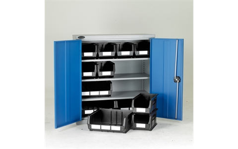 Half Height Steel Cabinet with Grey Linbins - H1015mm x W915mm x D460mm - Blue Doors - 3 Shelves - with 8 x size 7 and 4 x size 8 Linbins